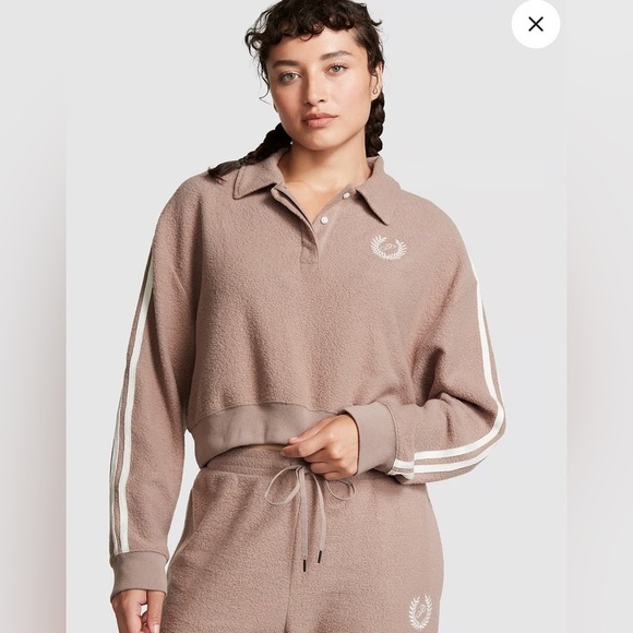 NWT VS Pink Reverse Fleece Cropped Polo Sweatshirt Sport Stripe Collar - Picture 1 of 10